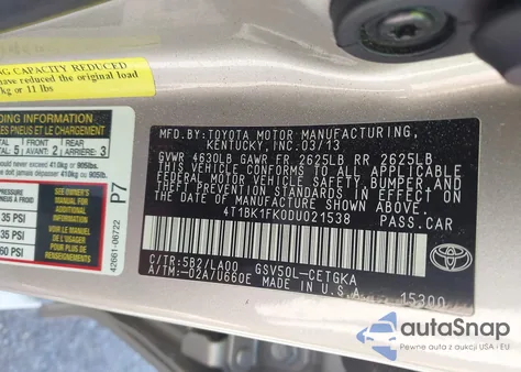 2013 Toyota Camry Xle V6 from USA, damaged, VIN 4T1BK1FK0DU021538